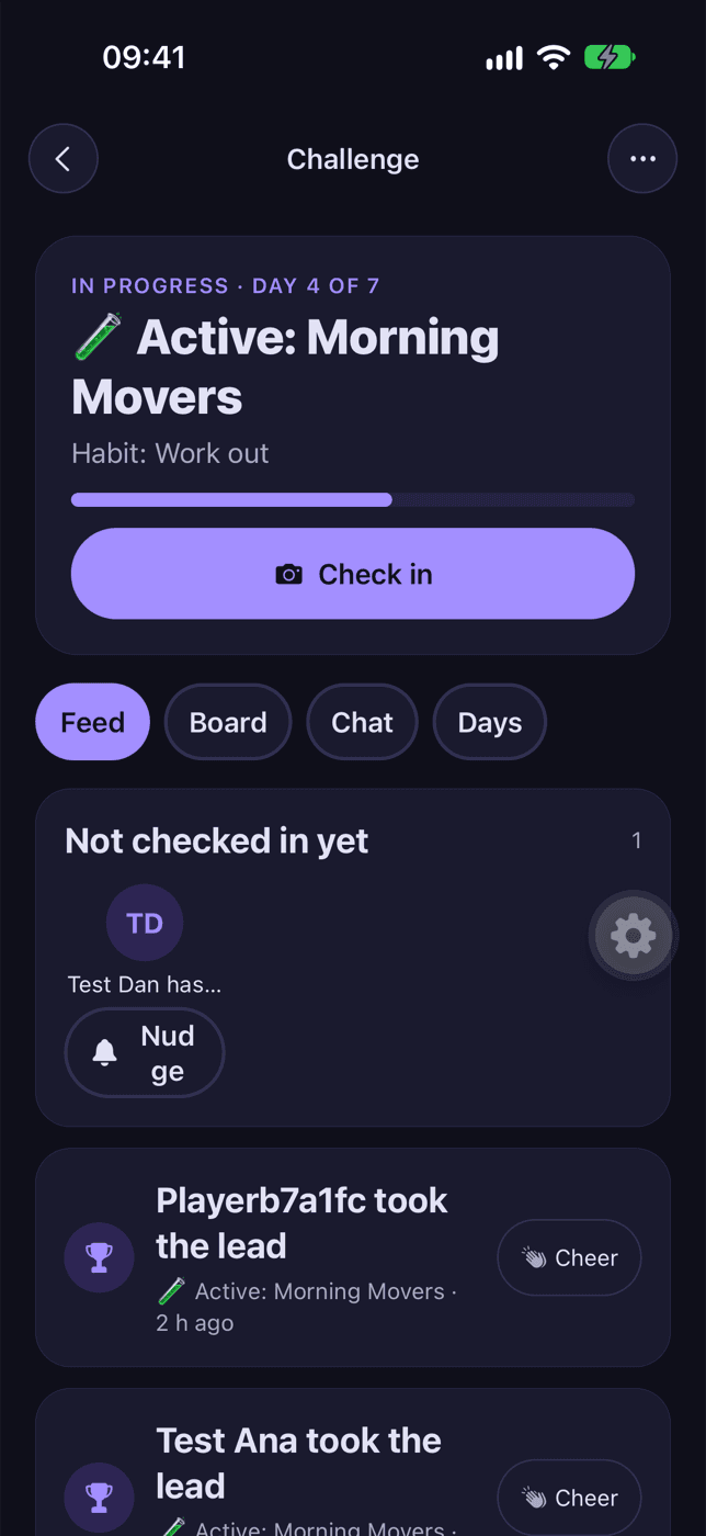 A challenge screen showing day 4 of 7 and a Check in button