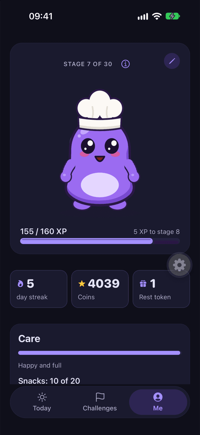 Brumi at stage 7 of 30 in the app, with XP, a 5 day streak and coins