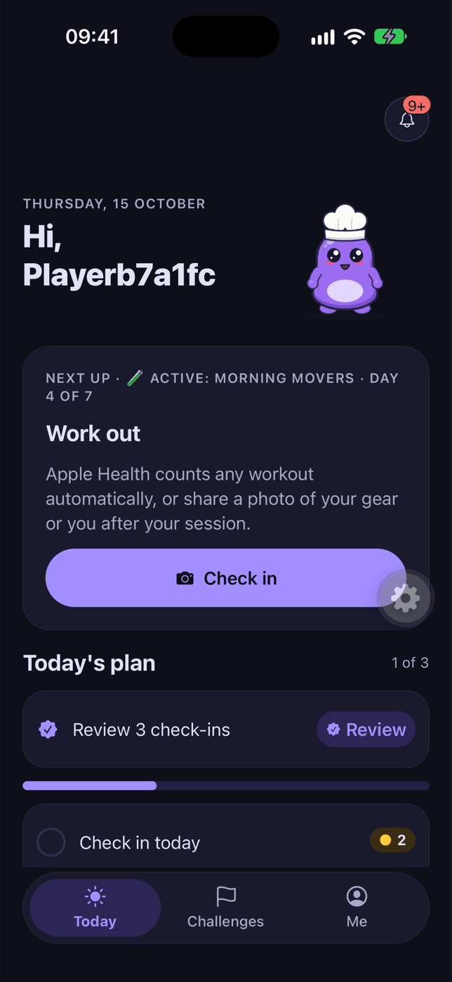 The Today screen with the next habit and a Check in button