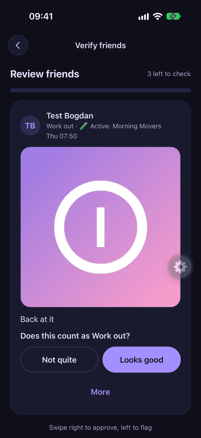 The Verify friends screen asking whether a photo counts as a workout